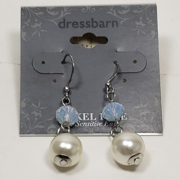 Silver tone Off-White, Blue Beads Drop Dangle Earrings- 1.75" - Jewelry - Picture 3 of 7